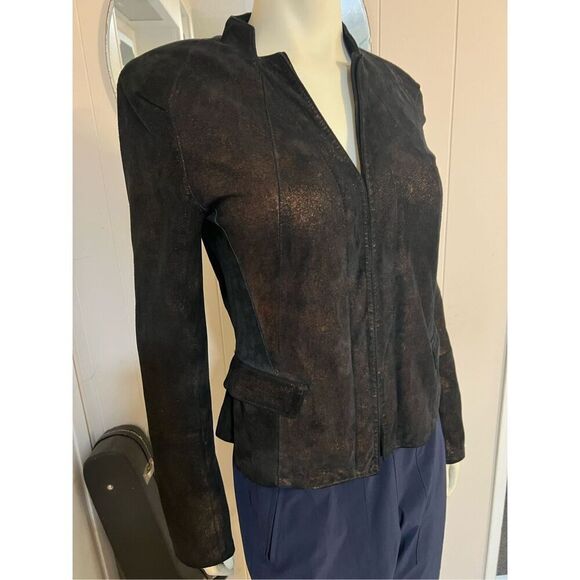 CK Calvin Klein Leather? Black & Gold Women’s Jacket w/Pockets Moto Style Size 6 - Picture 3 of 8